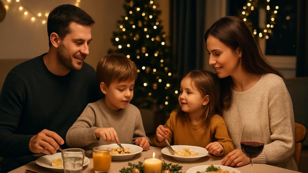 Famiglia con bambini in ambiente accogliente per Capodanno
